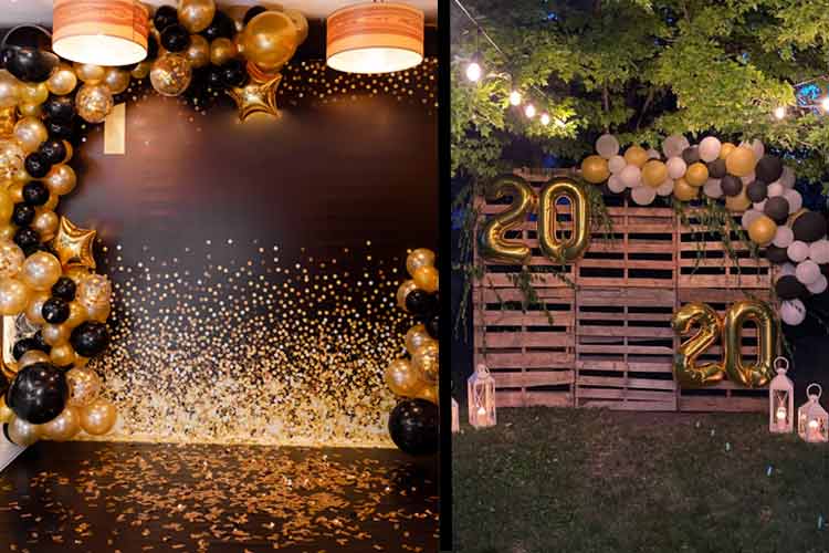 Two photobooths set up at seperate graduation parties. One has a black and glittered backdrop with balloons and the other is made from pallets.